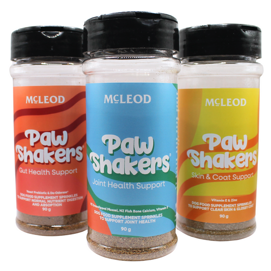 Image of full range of Paw Shakers. 90g bottles of Gut Health, Joint Health & Skin & Coat Support.